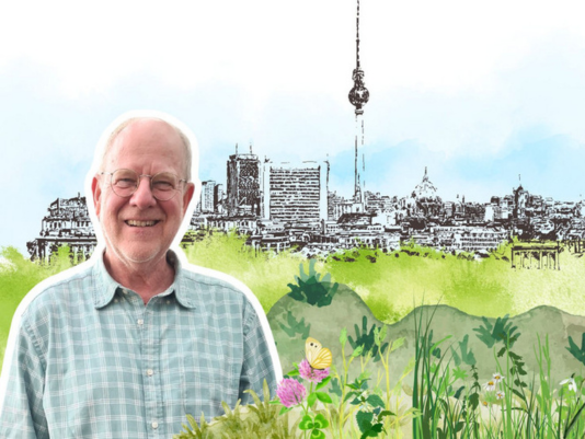 Porträt von Dr. Ingo Kowarick vor einer Stadtnatur-Collage mit Fernsehturm im Hintergrund